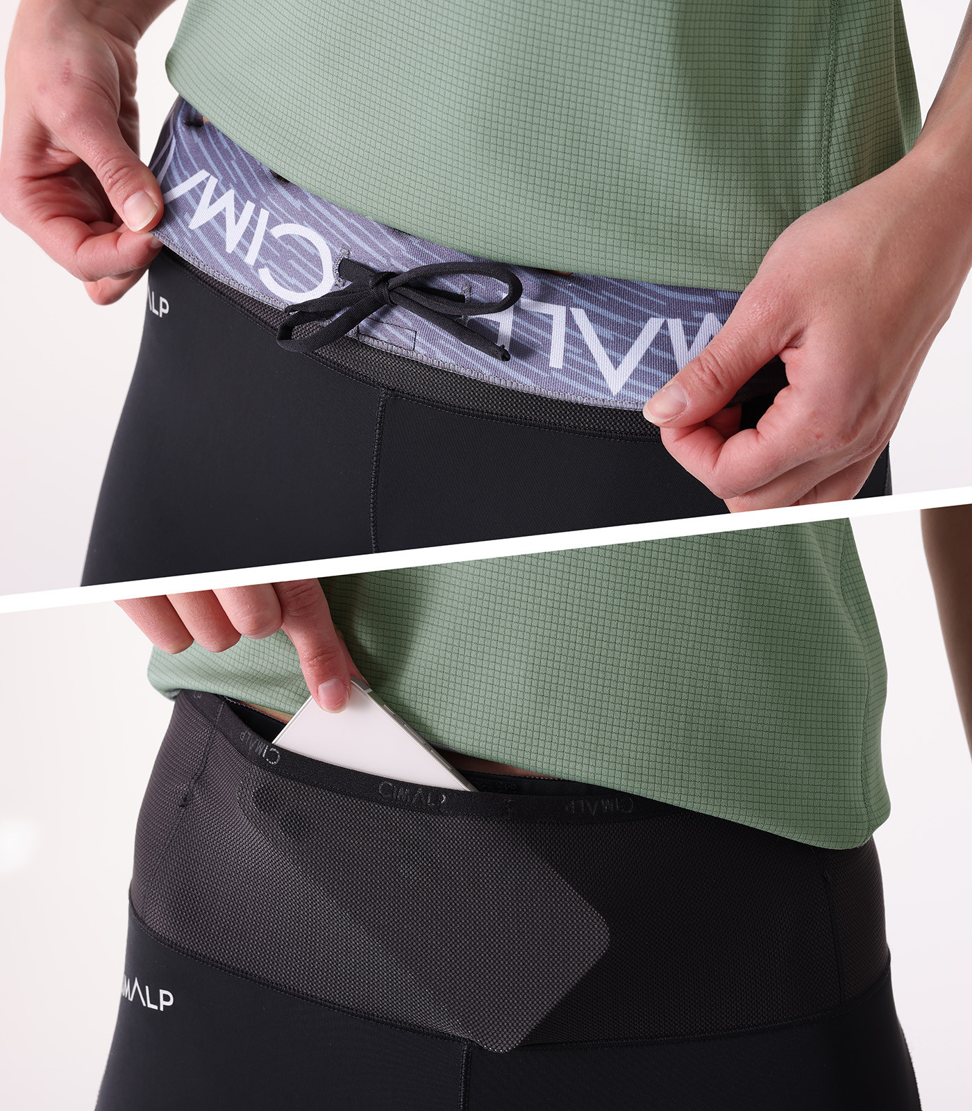 Leggings a tre quarti da trail running con cintura multitasche